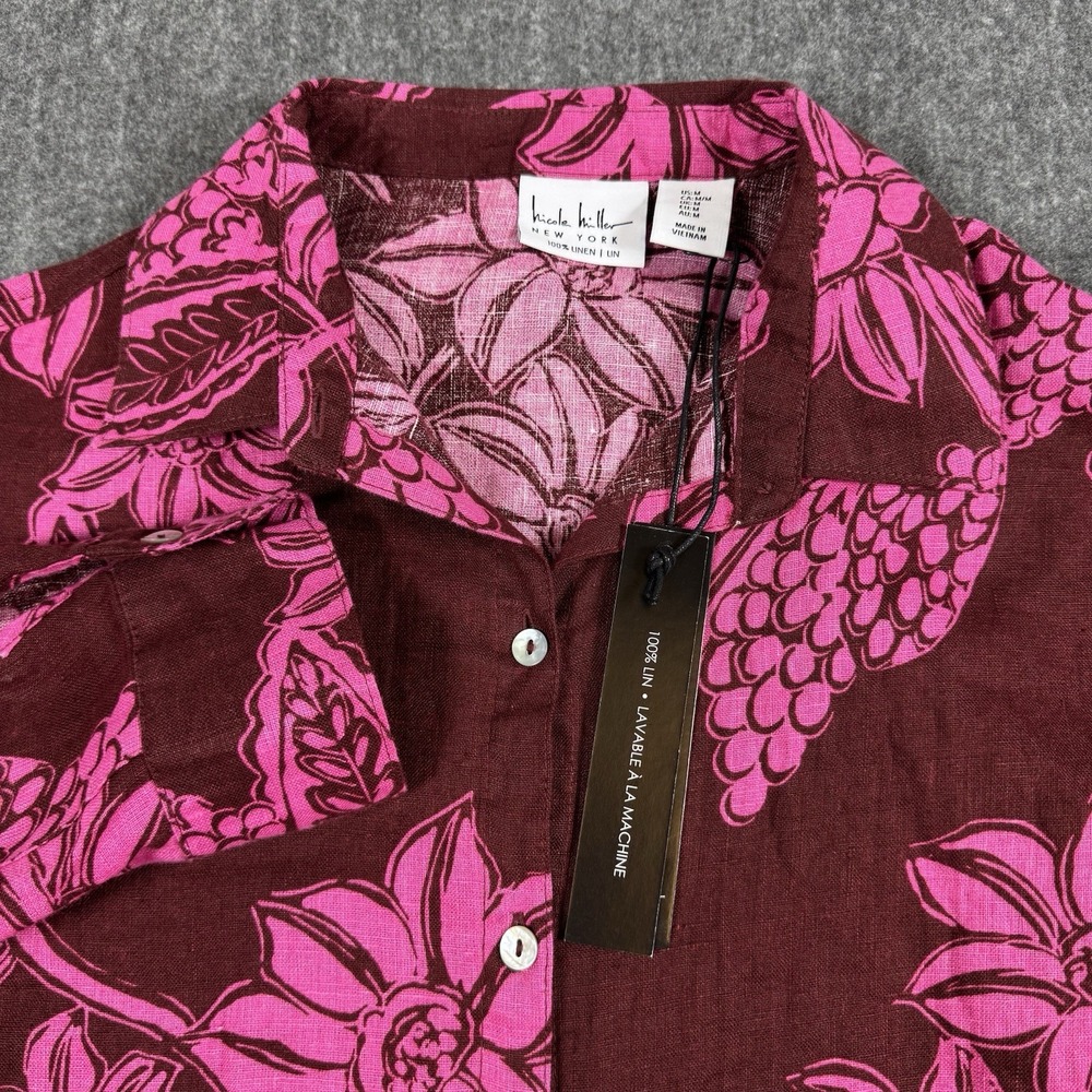 Nicole Miller New York Linen Shirt M NWT Burgundy Floral 100% Linen Blouse